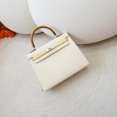 Hermes Kelly Sellier 25CM Epsom Leather I2 Nata /1Z Jaune Poussin / 2S Sesame