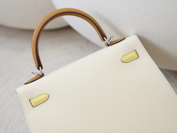 mmexport1726299063844 Hermes Kelly Sellier 25CM Epsom Leather I2 Nata /1Z Jaune Poussin / 2S Sesame