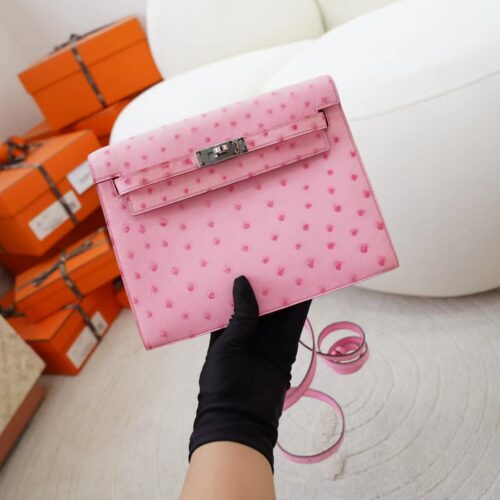 Hermes Bag Images Kelly Danse 22CM KK Ostrich Leather L4 Rose Bubble Silver Hardware