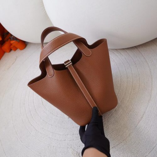 Hermes Bag Images Clemence Leather CK37 Gold Picotin 18CM Silver Hardware