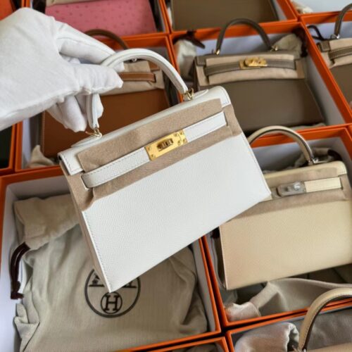Taiwan Hermes Mini Kelly 19CM 01 Blanc Epsom Leather Gold Hardware