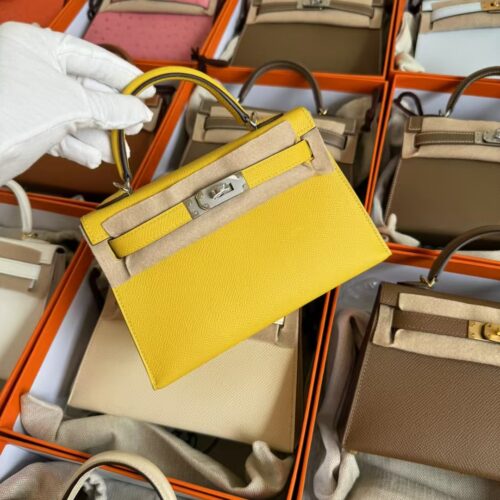 Russia Moscow Hermes Epsom Leather Mini Kelly 19CM 9D Jaune Amber Silver Hardware