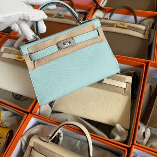 UAE Dubai Hermes Mini Kelly 19CM U2 Blue Zephyr Epsom Leather Silver Hardware