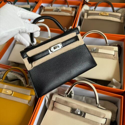 Hermes Mini Kelly 19CM Chevre Leather 89 Noir Silver Hardware