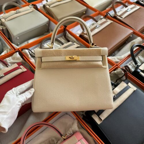 Hermes Togo Leather Kelly 25CM CC10 Craie Gold Hardware
