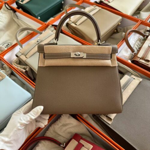 Hong Kong Hermes Togo Leather Kelly 25CM CK18 Etoupe Silver Hardware