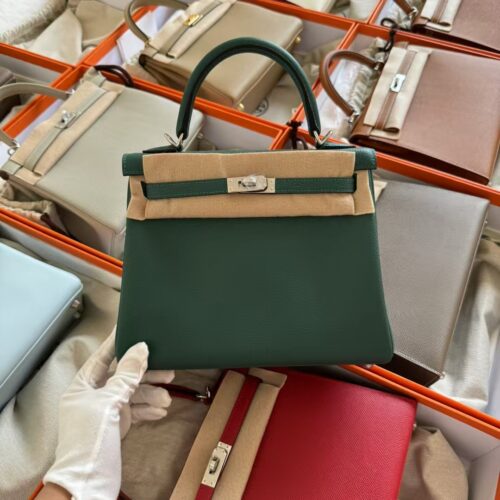 Hermes Boutique Togo Leather Kelly 25CM Z6 Malachite Silver Hardware