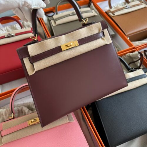 Hermes Box Leather Kelly Sellier 25CM CC55 Rouge H Gold Hardware