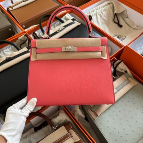 Hermes Women’s Bag Kelly Sellier 25CM Chevre Leather 8W Rose Azelee Silver Hardware