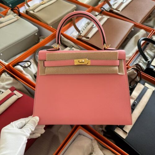 Hermes Bag Price Epsom Leather Kelly Sellier 25CM 1Q Rose Confette Gold Hardware