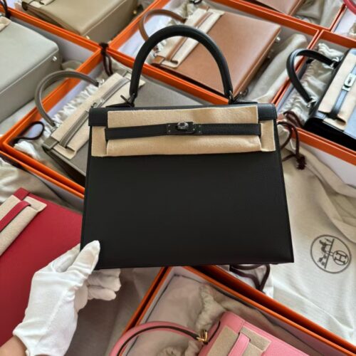 Taiwan Hermes Kelly 25CM SoBlack 89 Noir Epsom Leather Black Hardware