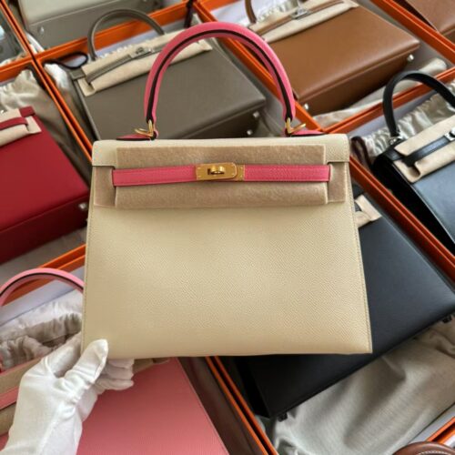 Special Order Hermes Kelly Sellier 25CM Epsom 10 Craie / 8W Rose Azelee Gold Hardware