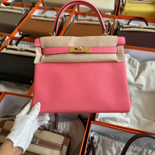 Hermes Kelly 28 Bag Images Clemence Leather 8W Rose Azelee Gold Hardware
