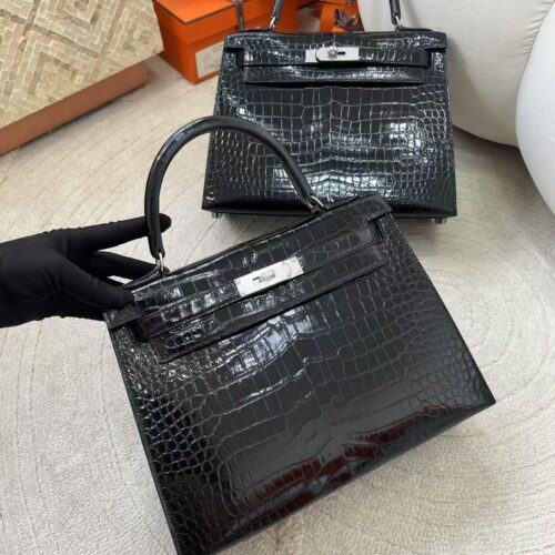 Sale Hermes Kelly Sellier 28CM Shiny Porosus Crocodile CK89 Noir Silver Hardware