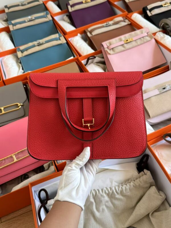 mmexport1729848017822-1 Hermes Clemence Leather Halzan 25CM Shoulder Bag Q5 Rouge Casaque Gold Hardware