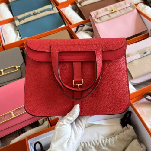 Hermes Clemence Leather Halzan 25CM Shoulder Bag Q5 Rouge Casaque Gold Hardware