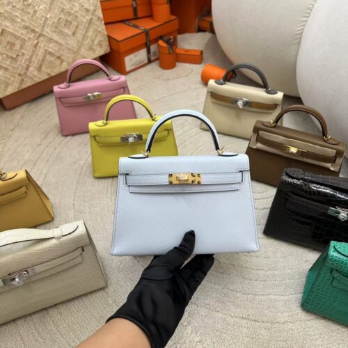 Hermes T0 Blue Brume Epsom Leather Mini Kelly 19 Bag Silver Hardware