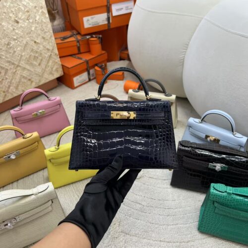 USA Los Angeles Hermes Mini Kelly 19CM Shiny Alligator Crocodile 78 Blue Marine Silver Hardware