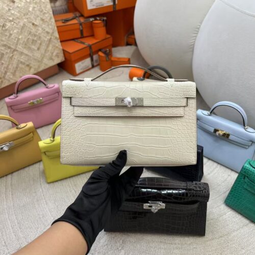 Hermes Kelly Pochette 22 Images 8L Beton Matte Alligator Crocodile Silver Hardware