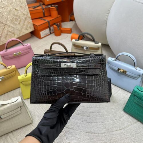Sale Hermes 88 Gris Graphite Shiny Alligator Crocodile Kelly Pochette 22CM Silver Hardware
