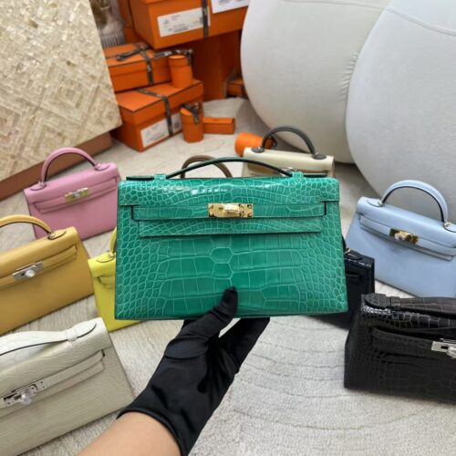 Australia Canberra Hermes Kelly Pochette 22CM Shiny Alligator Crocodile O6 Vert Jade Silver Hardware