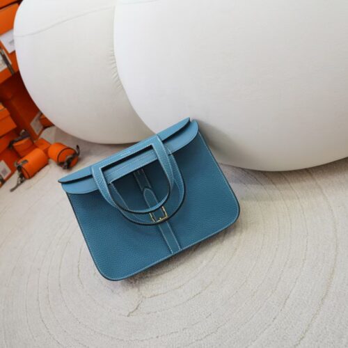 Australia Sydney Hermes Halzan 25CM Clemence Leather D2 New Blue Jean Gold Hardware