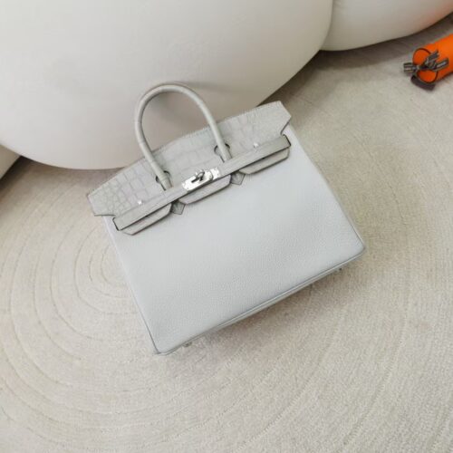 Women’s Bag Togo / Matte Alligator Crocodile Birkin Touch 25CM CK80 Gris Pearl Silver Hardware