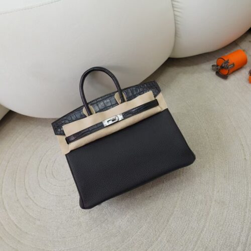 Luxury Bag Birkin Touch 25CM Togo / Matte Alligator Crocodile CK89 Noir Silver Hardware