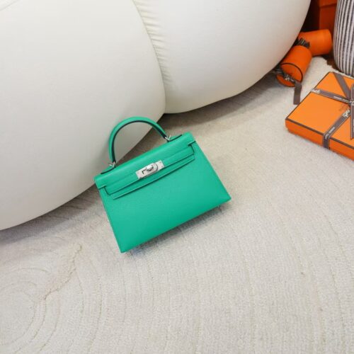 Full Handmade Chevre Leather Mini Kelly 19CM U4 Vert Vertigo Silver Hardware