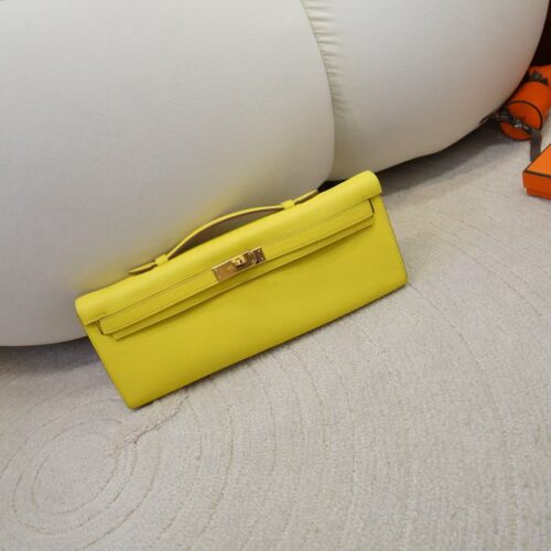 Luxury 9R Lime Swift Leather Kelly Cut 31CM Evening Clutch Bag Gold Hardware