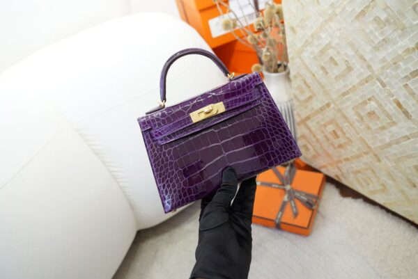 mmexport1733390240590 Luxury Women’s Bag Shiny Alligator Crocodile Mini Kelly 19CM 9G Amethyste Gold Hardware
