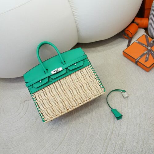 Taiwan Birkin Picnic 25CM 6W Menthe Swift Leather & Bamboo Silver Hardware
