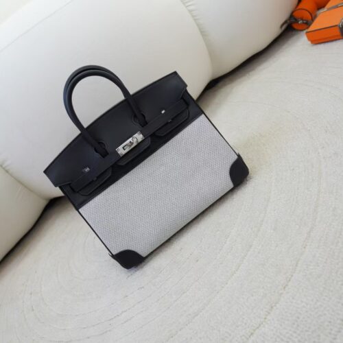 Full Handmade Hermes Birkin 25CM Canvas / Calf Leather CK89 Noir Silver Hardware