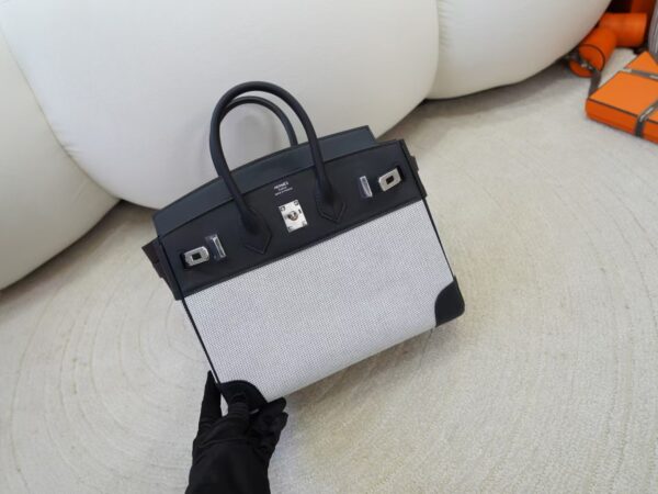 mmexport1733993920219 Full Handmade Hermes Birkin 25CM Canvas / Calf Leather CK89 Noir Silver Hardware