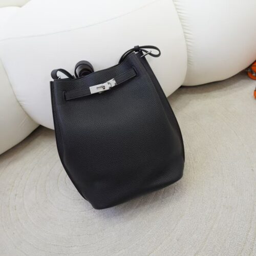 New Arrival Hermes So Kelly 22CM Clemence Leather CK89 Noir Silver Hardware