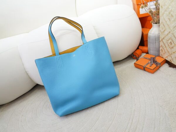 mmexport1734508276564-1 2024 New Hermes Double Sense Tote Bag Clemence Leather 7N Celeste / Amber