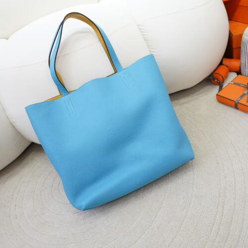 2024 New Hermes Double Sense Tote Bag Clemence Leather 7N Celeste / Amber