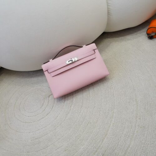 Women’s Clutch Bag Kelly Pochette 22CM Swift Leather 3Q Rose Sakura Silver Hardware