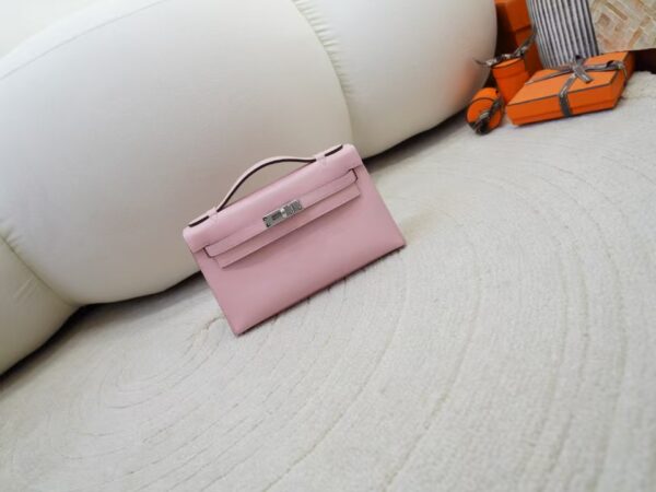 mmexport1734601917116 Women’s Clutch Bag Kelly Pochette 22CM Swift Leather 3Q Rose Sakura Silver Hardware