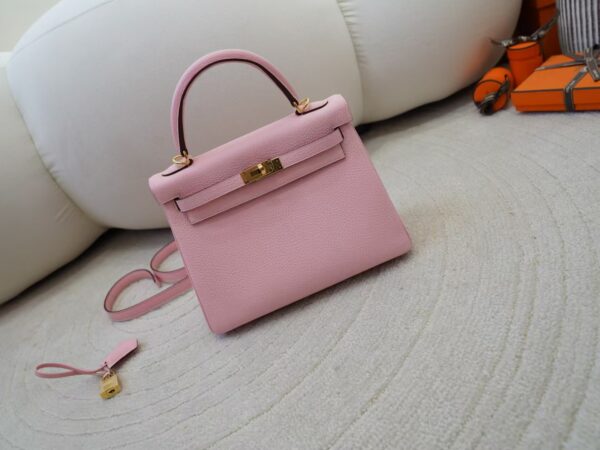 mmexport1734682515708 Women’s Handbag Kelly 25CM Clemence Leather 3Q Rose Sakura Gold Hardware