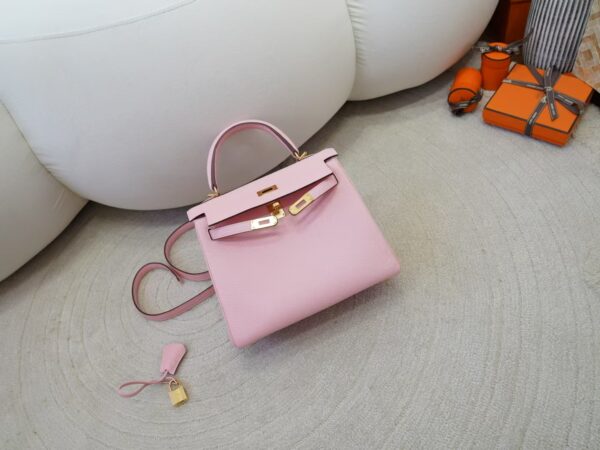 mmexport1734682528615 Women’s Handbag Kelly 25CM Clemence Leather 3Q Rose Sakura Gold Hardware