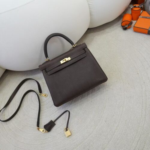 Women’s Tote Bag Kelly 25CM Barenia Faubourg CC46 Ebene Gold Hardware
