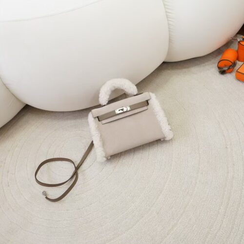 New Teddy Mini Kelly 19CM CK18 Etoupe Lamb Wool / Suede / Swift Leather Silver Hardware