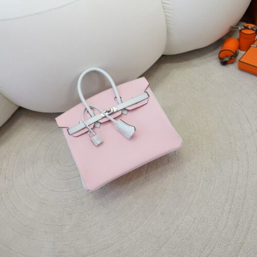 Full Handmade Birkin 25CM Chevre Leather 3Q Rose Sakara / T0 Blue Brume Silver hardware