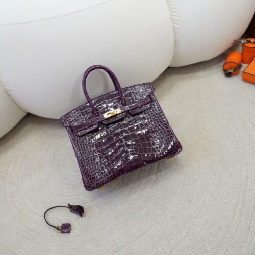 Luxury Women’s Bag Birkin 25CM HCP Shiny Alligator Crocodile 9G Amethyste Gold Hardware