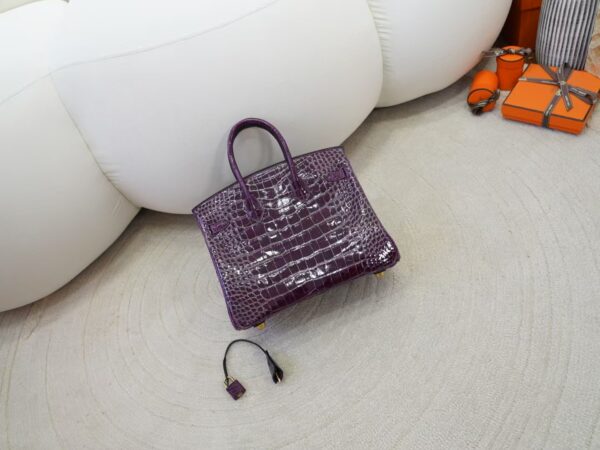mmexport1736410825715 Luxury Women’s Bag Birkin 25CM HCP Shiny Alligator Crocodile 9G Amethyste Gold Hardware