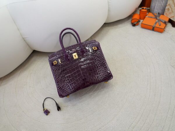 mmexport1736410835064 Luxury Women’s Bag Birkin 25CM HCP Shiny Alligator Crocodile 9G Amethyste Gold Hardware