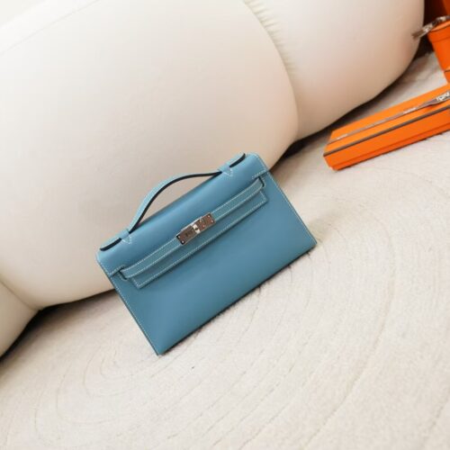 Hermes Evening Bag Kelly Pochette 22CM Swift Leather D2 New Blue Jean Silver Hardware