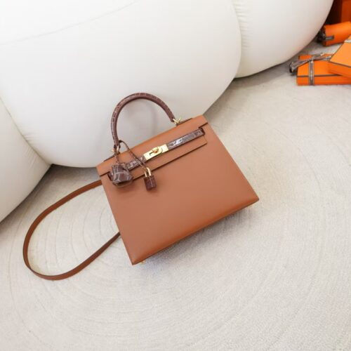 Hermes Kelly 25CM Touch 37 Gold Madame Leather / 33 Miel Shiny Crocodile Gold Hardware