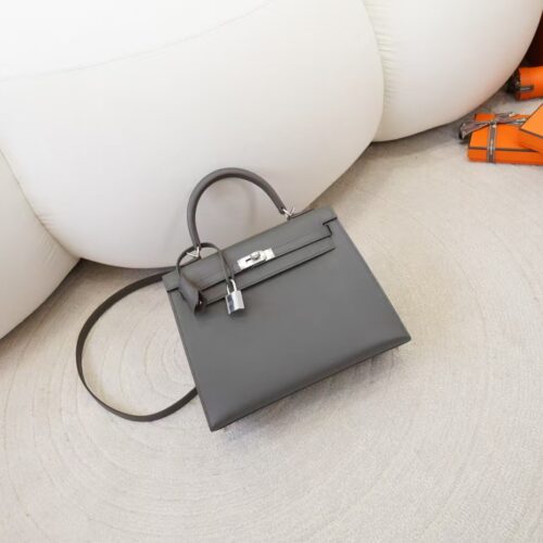 UK London Hermes 0L Gris Meyer Madame Leather Kelly 25CM Sellier Silver Hardware
